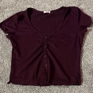 Ribbed Short Sleeve Button-Front Top